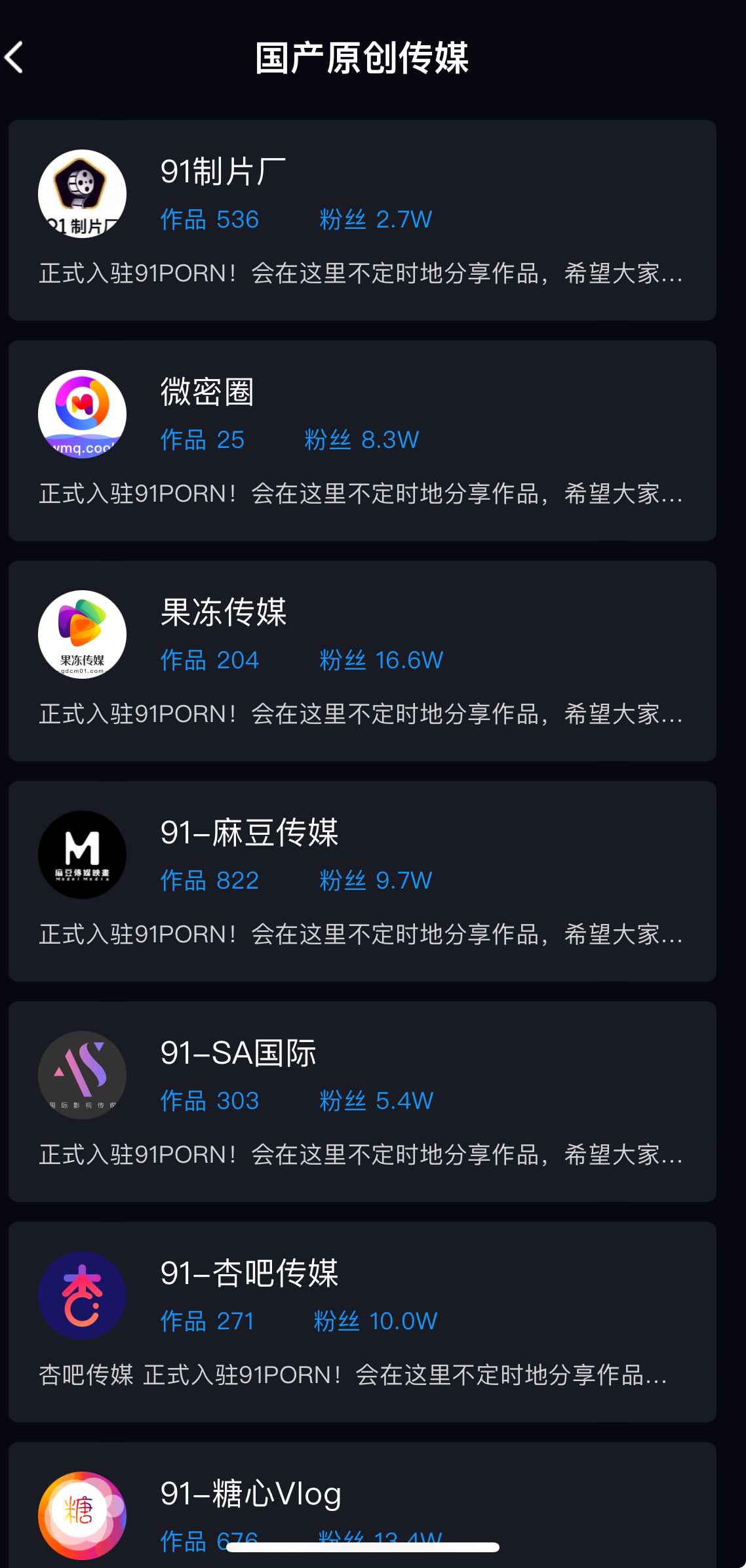 91PORN传媒品牌列表